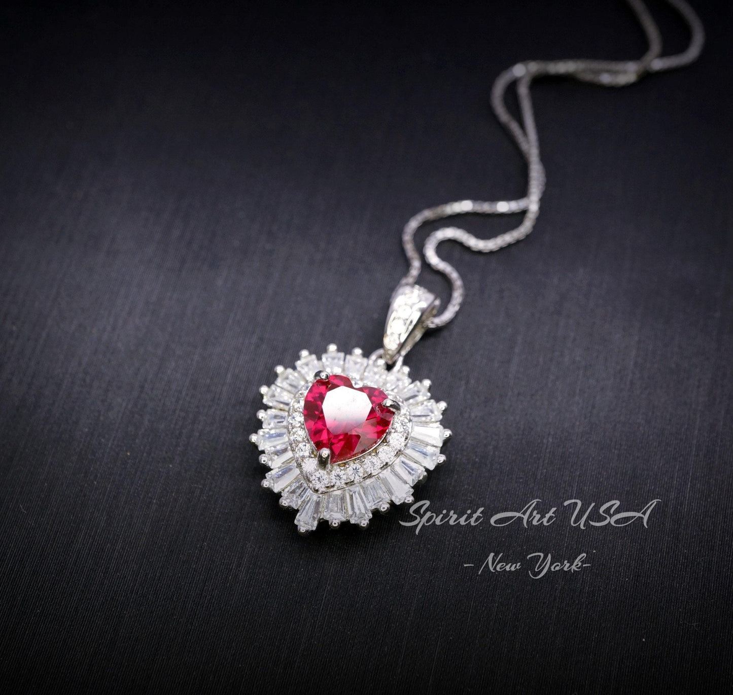 Double Halo Ruby Necklace - Red Ruby Heart Pendant - 18KGP @ Sterling Silver - Dainty Ruby Pendant - July Birthstone #268