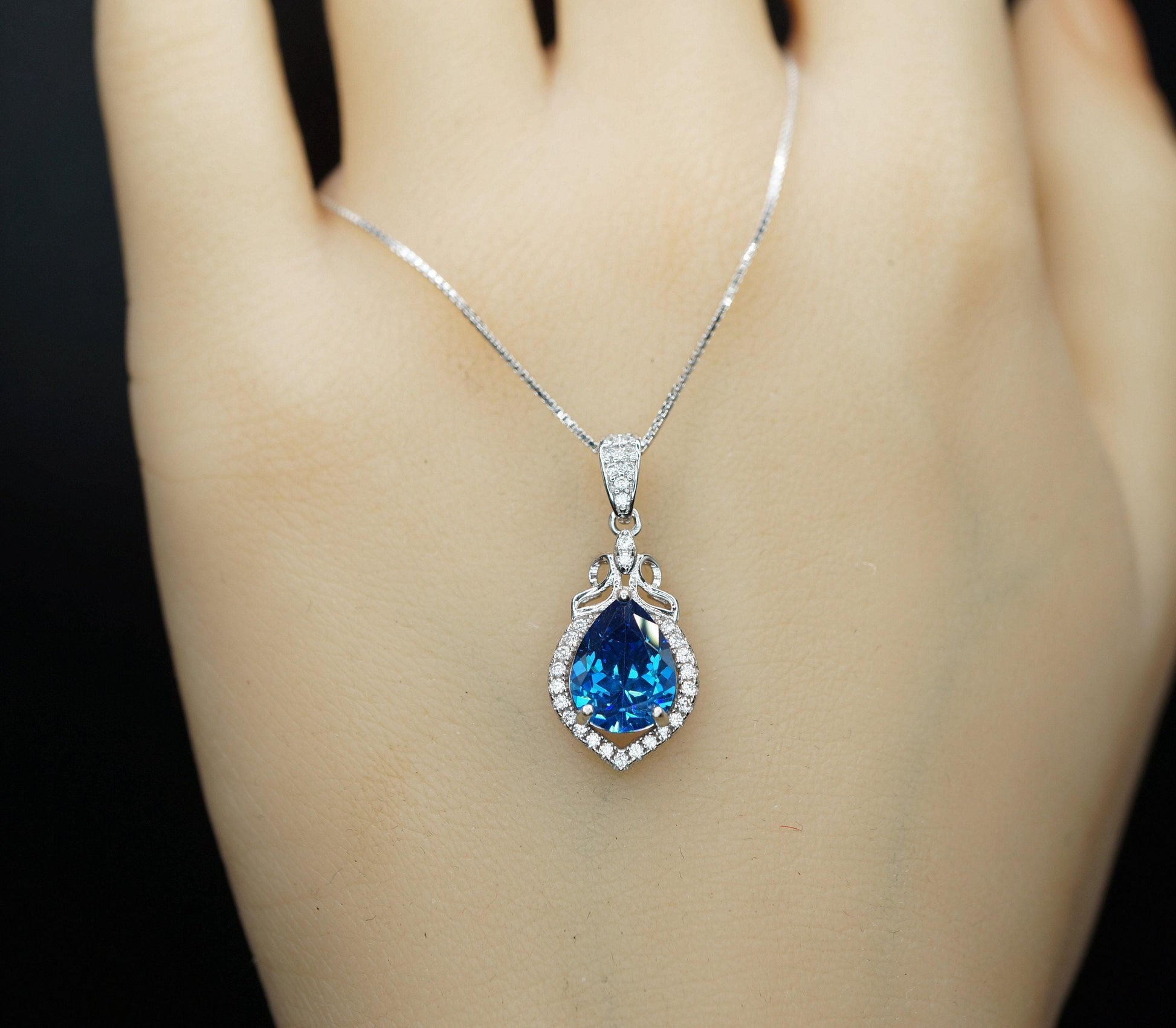 Blue sapphire necklace - 18kgp @ sterling silver - September Birthstone - Pear Cut Teardrop Blue Sapphire Pendant Chain #315