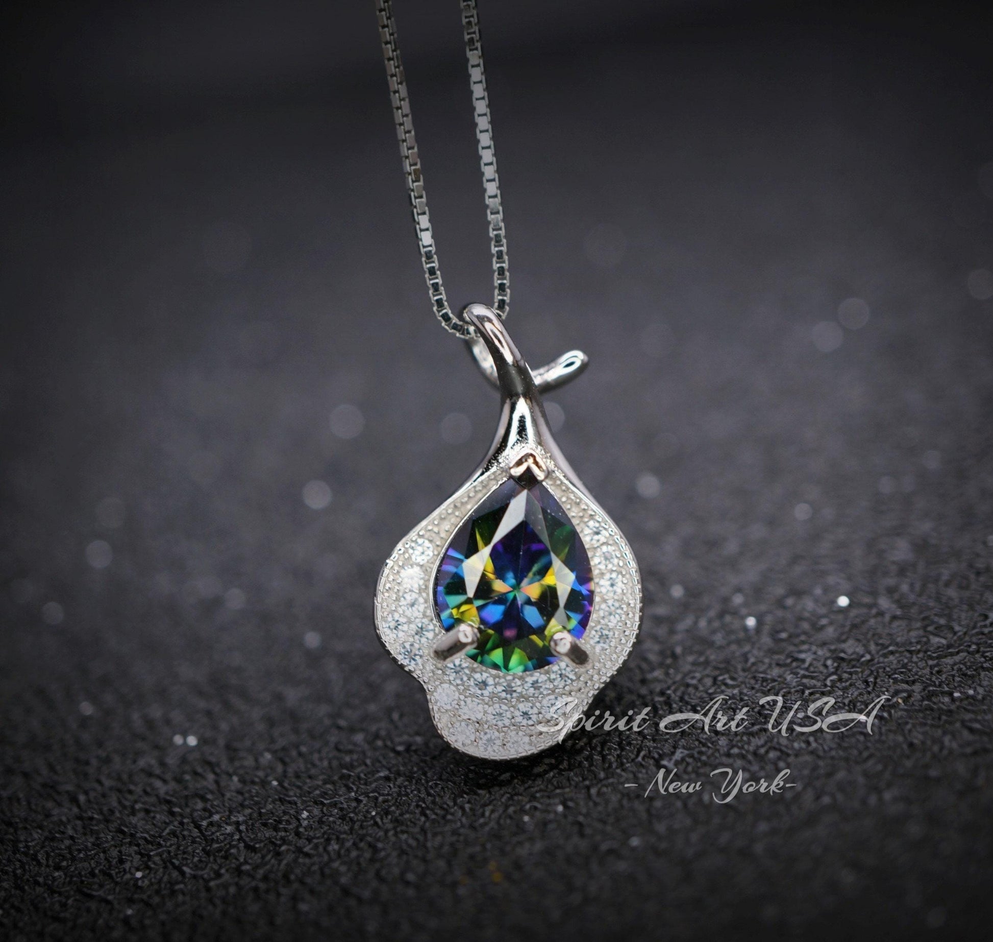 Mystic Topaz Necklace Sterling Silver Flower Petal Pendant White Gold plated Teardrop Rainbow Gemstone #284