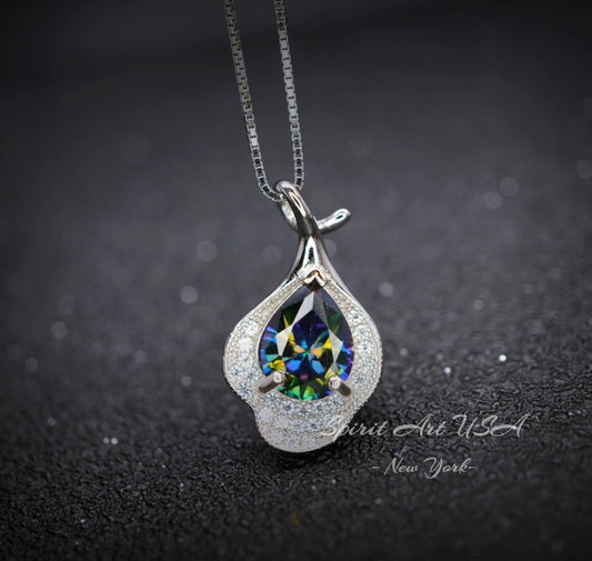Mystic Topaz Necklace Sterling Silver Flower Petal Pendant White Gold plated Teardrop Rainbow Gemstone #284