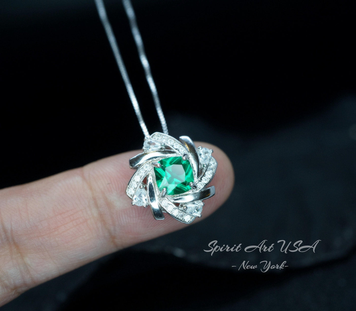 Tiny Square Emerald Necklace - 18kgp @ Sterling Silver - Gemstone Windmill Necklace - Mini Green Emerald Jewelry #304