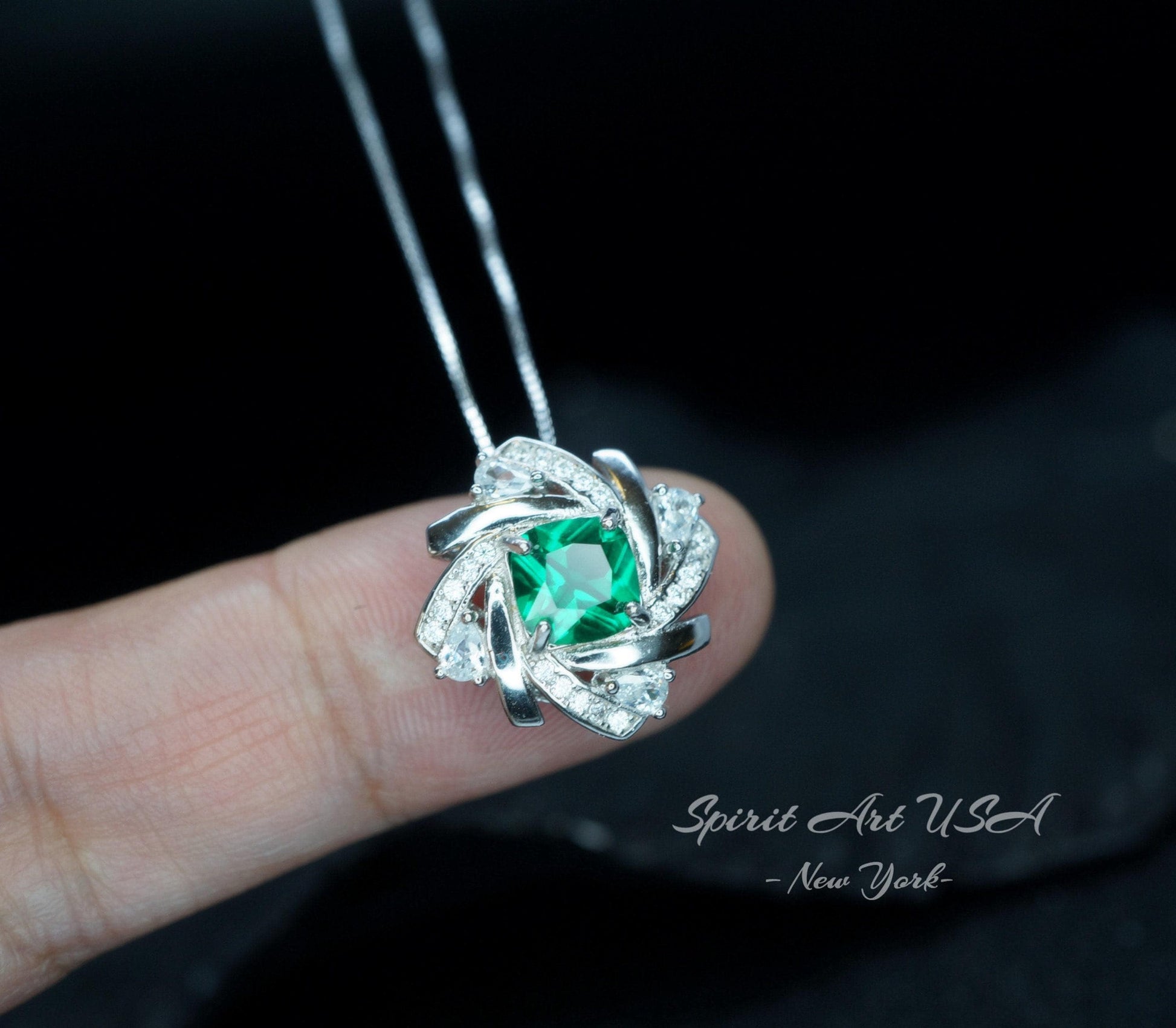 Tiny Square Emerald Necklace - 18kgp @ Sterling Silver - Gemstone Windmill Necklace - Mini Green Emerald Jewelry #304