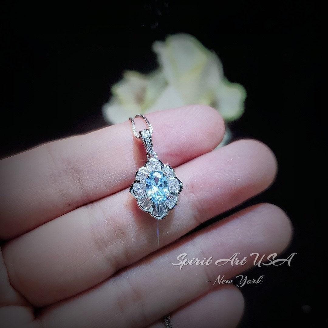 Aquamarine Necklace - Tiny Gemstone Flower Style Blue Aquamarine Pendant - Small Mini Blue Aquamarine Jewelry #310