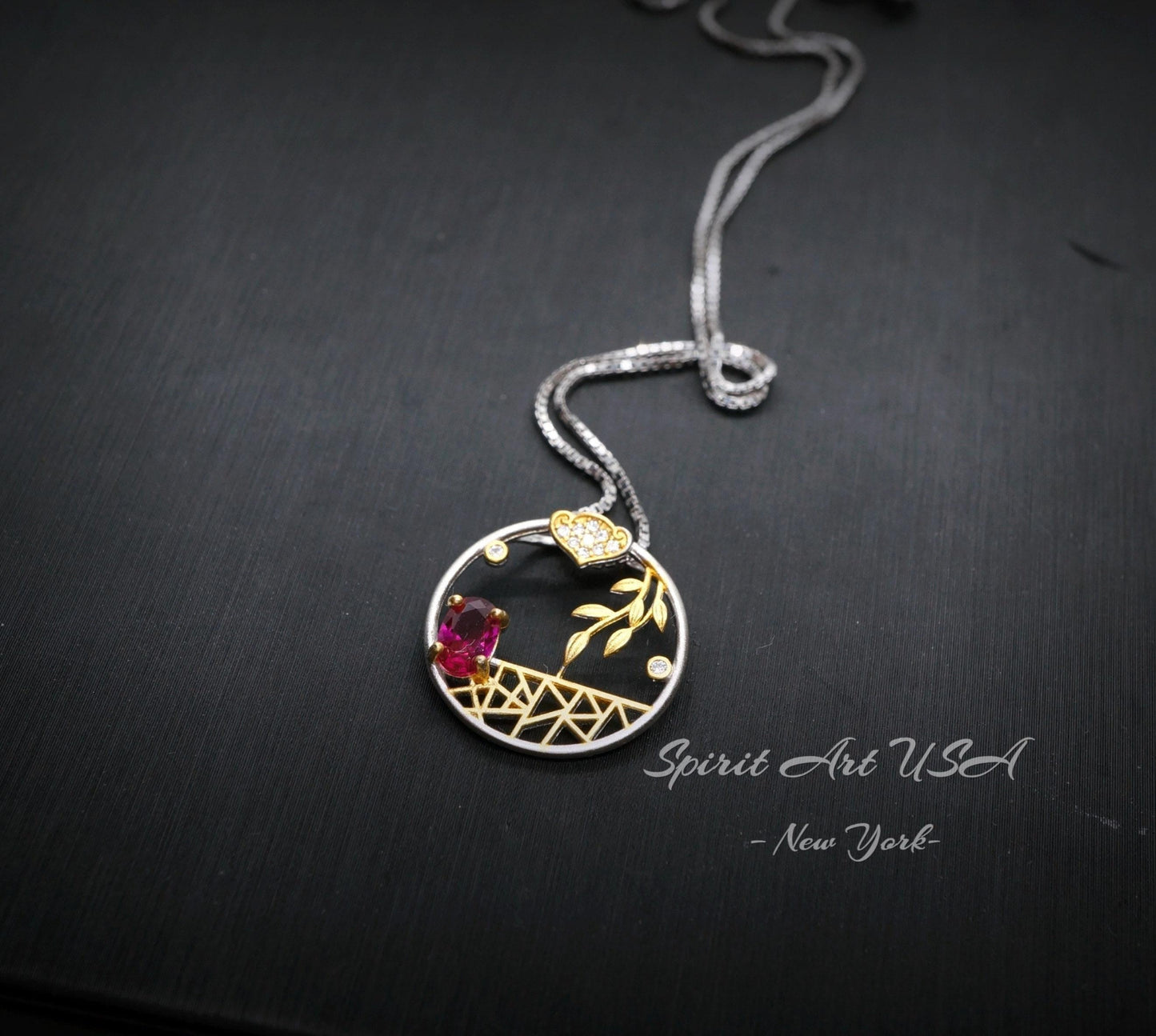 Unique Style Tiny Ruby Necklace - 18kGP Sterling Silver Artistic Poetic Ruby Pendant #292