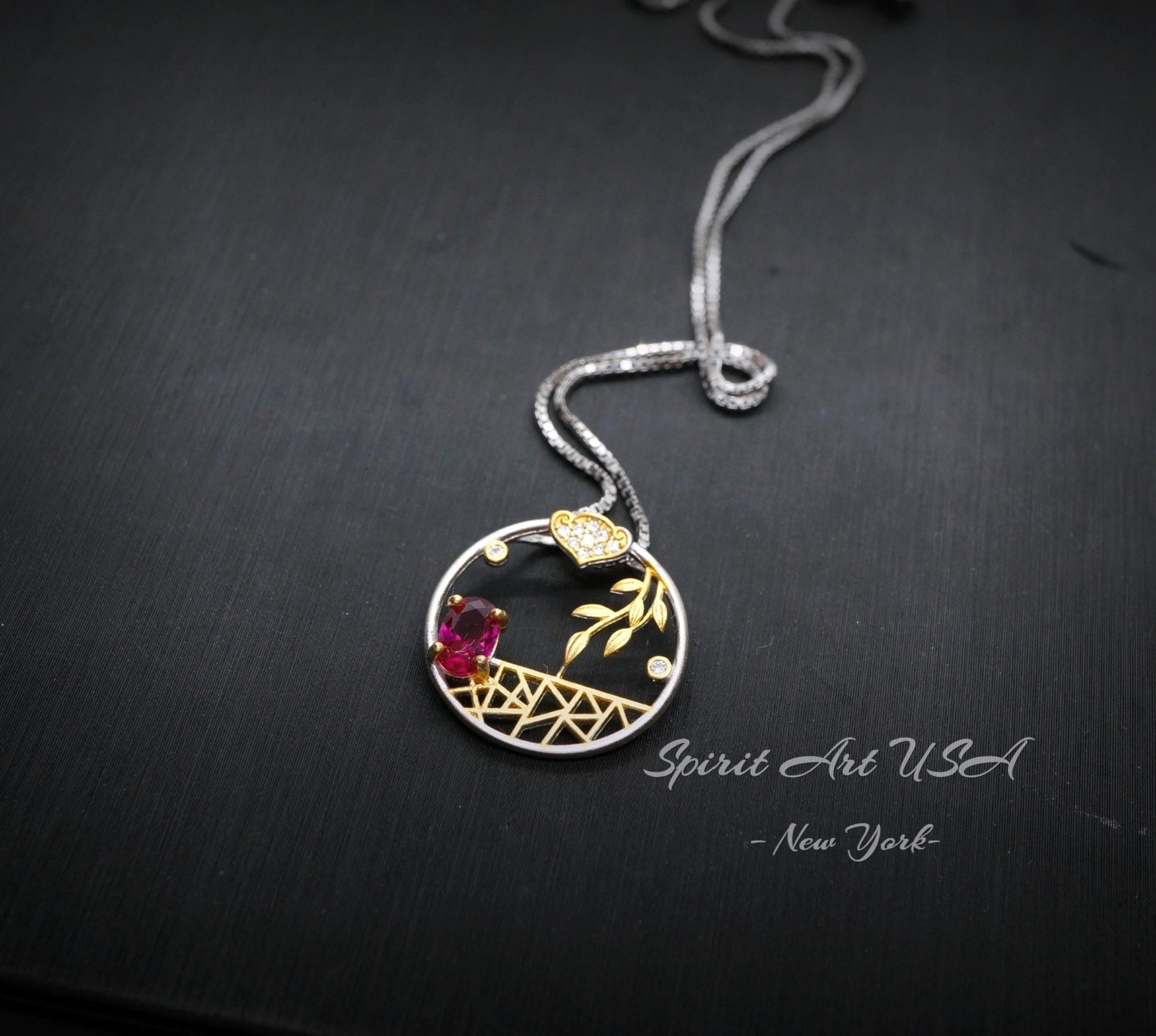 Unique Style Tiny Ruby Necklace - 18kGP Sterling Silver Artistic Poetic Ruby Pendant #292