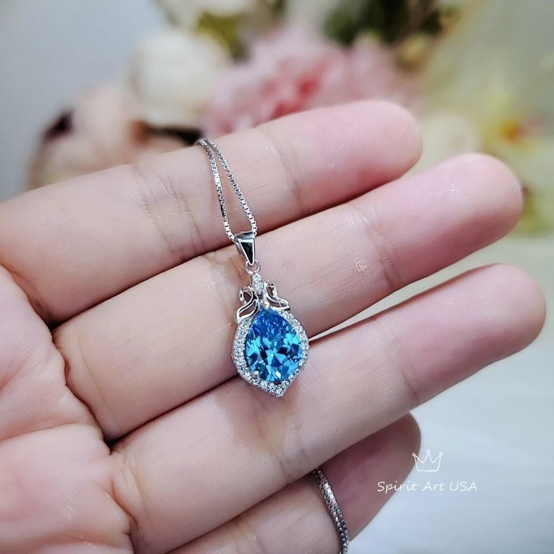 Blue Topaz Necklace - Sterling Silver Halo Pendant - Dainty November Birthstone Jewelry 925 Chain #269