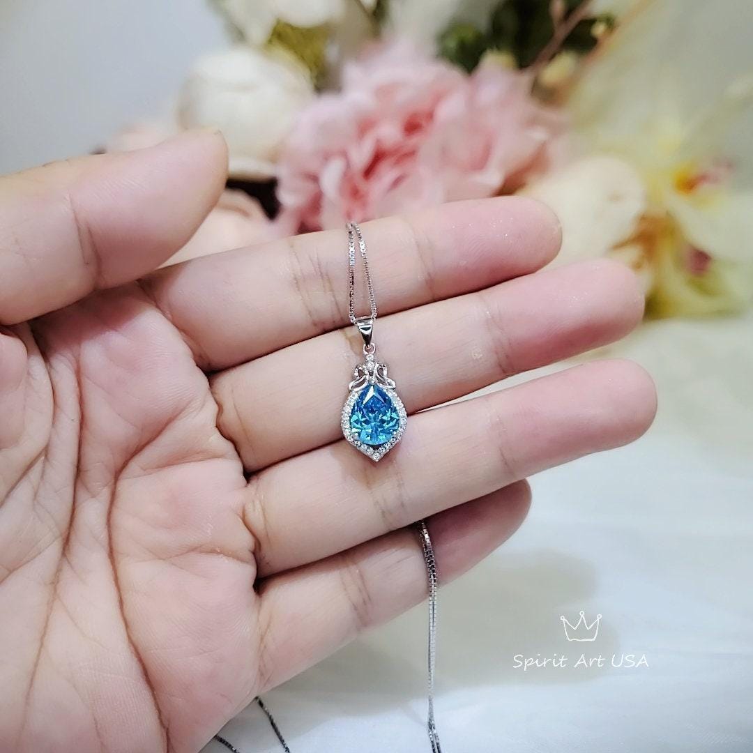 Blue Topaz Necklace - Sterling Silver Halo Pendant - Dainty November Birthstone Jewelry 925 Chain #269
