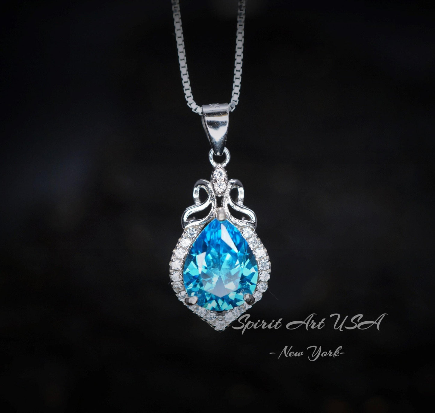Blue Topaz Necklace - Sterling Silver Halo Pendant - Dainty November Birthstone Jewelry 925 Chain #269