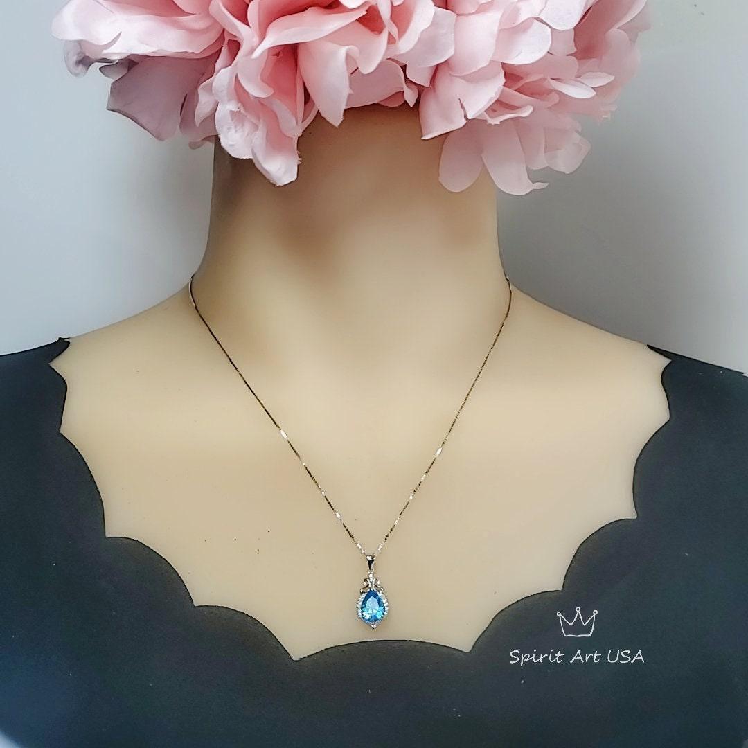 Blue Topaz Necklace - Sterling Silver Halo Pendant - Dainty November Birthstone Jewelry 925 Chain #269