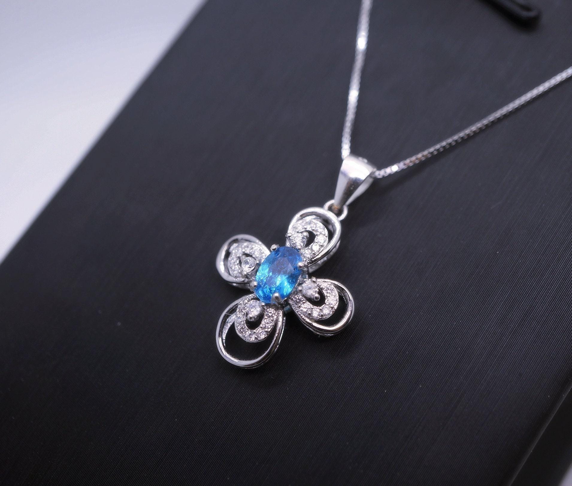 Topaz Cross Necklace - 18KGP @ Sterling Silver - Cross Flower - Blue Topaz Necklace - Blue Topaz pendant - Blue Topaz jewelry #239
