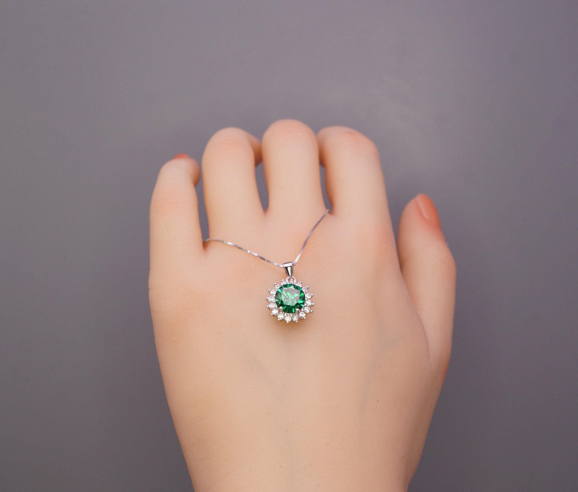 Green Emerald Necklace - Sterling Silver Princess Diana Style Sunflower Style - May Birthstone 2 Ct Lab 8mm Emerald Pendant #241