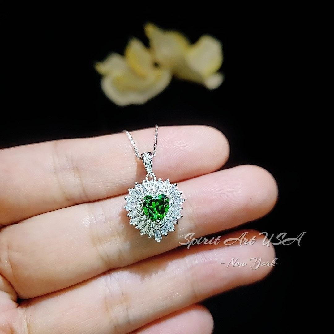 Double Halo Emerald Heart Necklace - Full Sterling Silver - May Birthstone - Tiny Green Gemstone Emerald Jewelry -18KGP #294