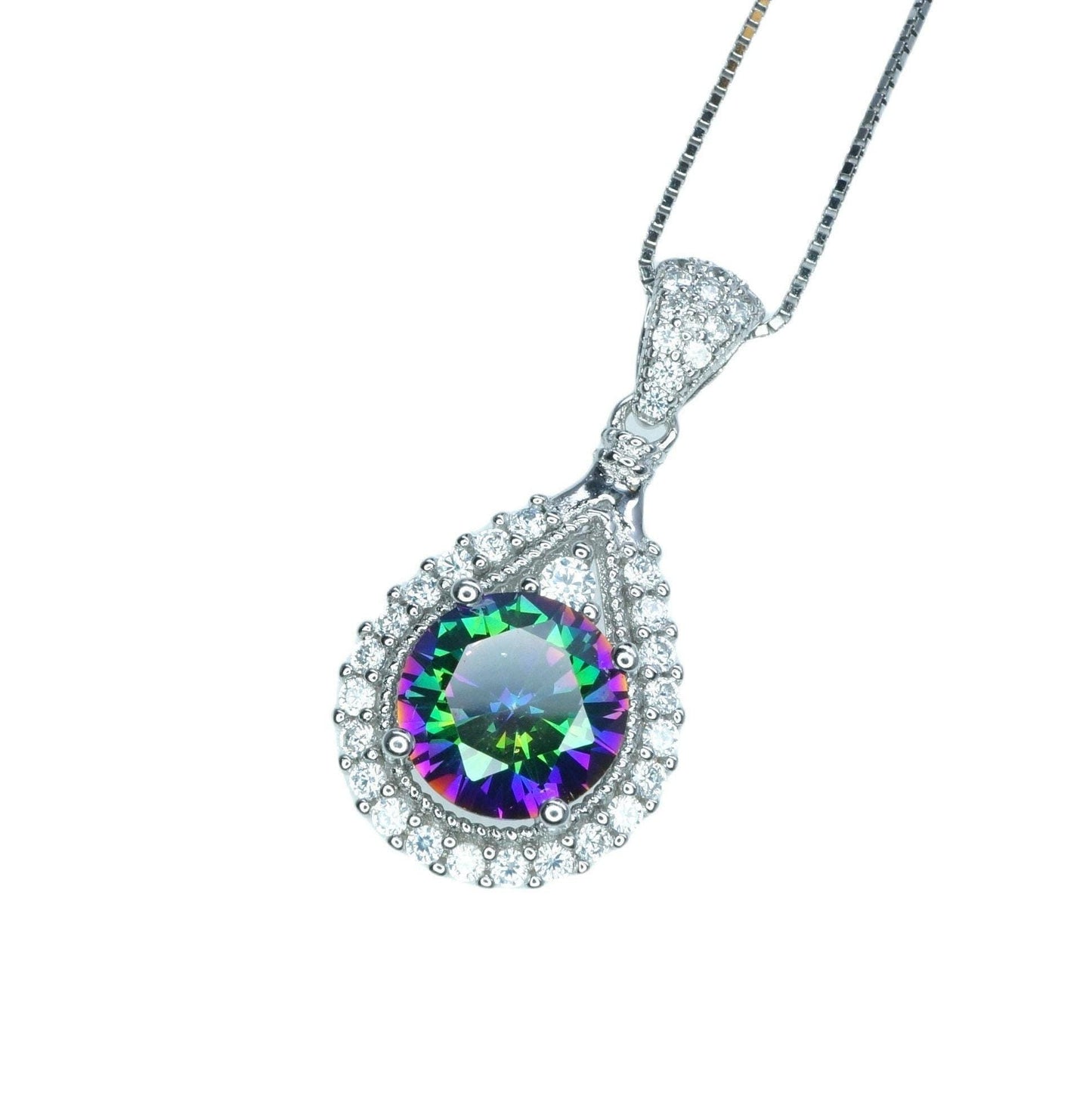 Mystic Rainbow Topaz Necklace - Sterling Silver Round 8mm Mystic Topaz Pendant - 18KGP - Teardrop Gemstone Halo Style #282