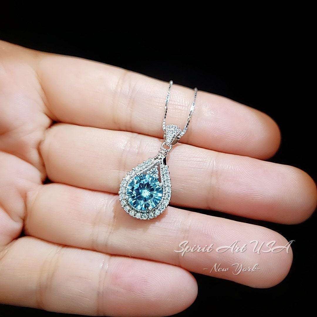 8mm Round Aquamarine Necklace Sterling Silver 2ct Teardrop Style White Gold plated March Birthstone #335