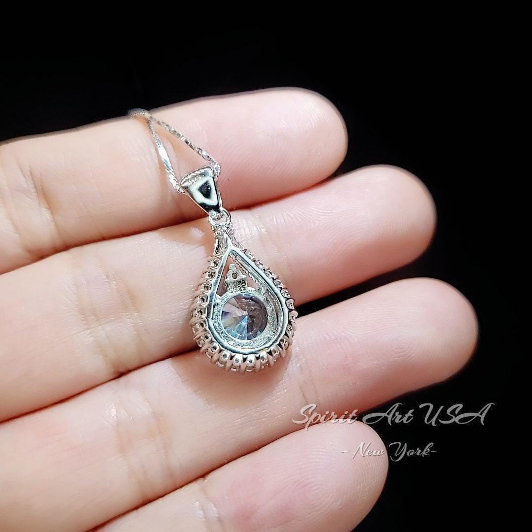 8mm Round Aquamarine Necklace Sterling Silver 2ct Teardrop Style White Gold plated March Birthstone #335