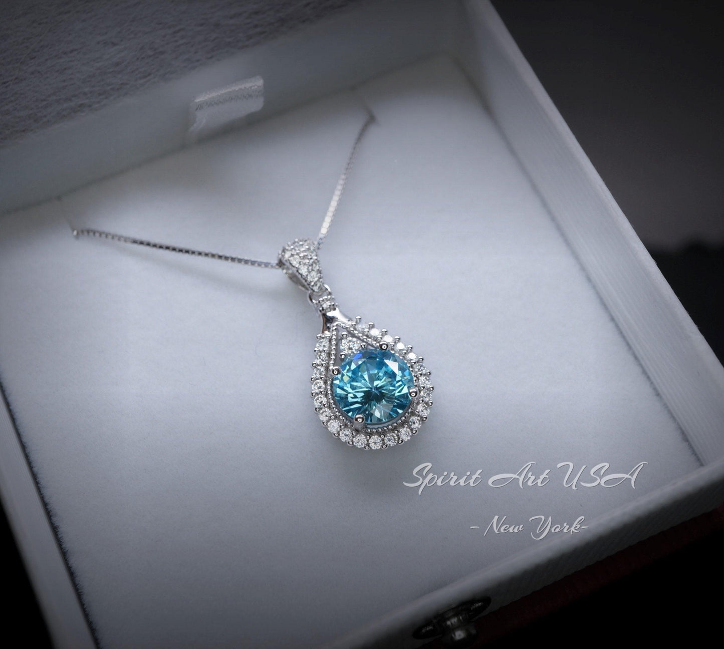 8mm Round Aquamarine Necklace Sterling Silver 2ct Teardrop Style White Gold plated March Birthstone #335