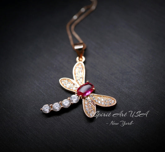 Dragonfly Ruby Necklace - Rose Gold Coated 925 Sterling Silver - July Birthstone oval cut red ruby 16" ~20" Chain #337