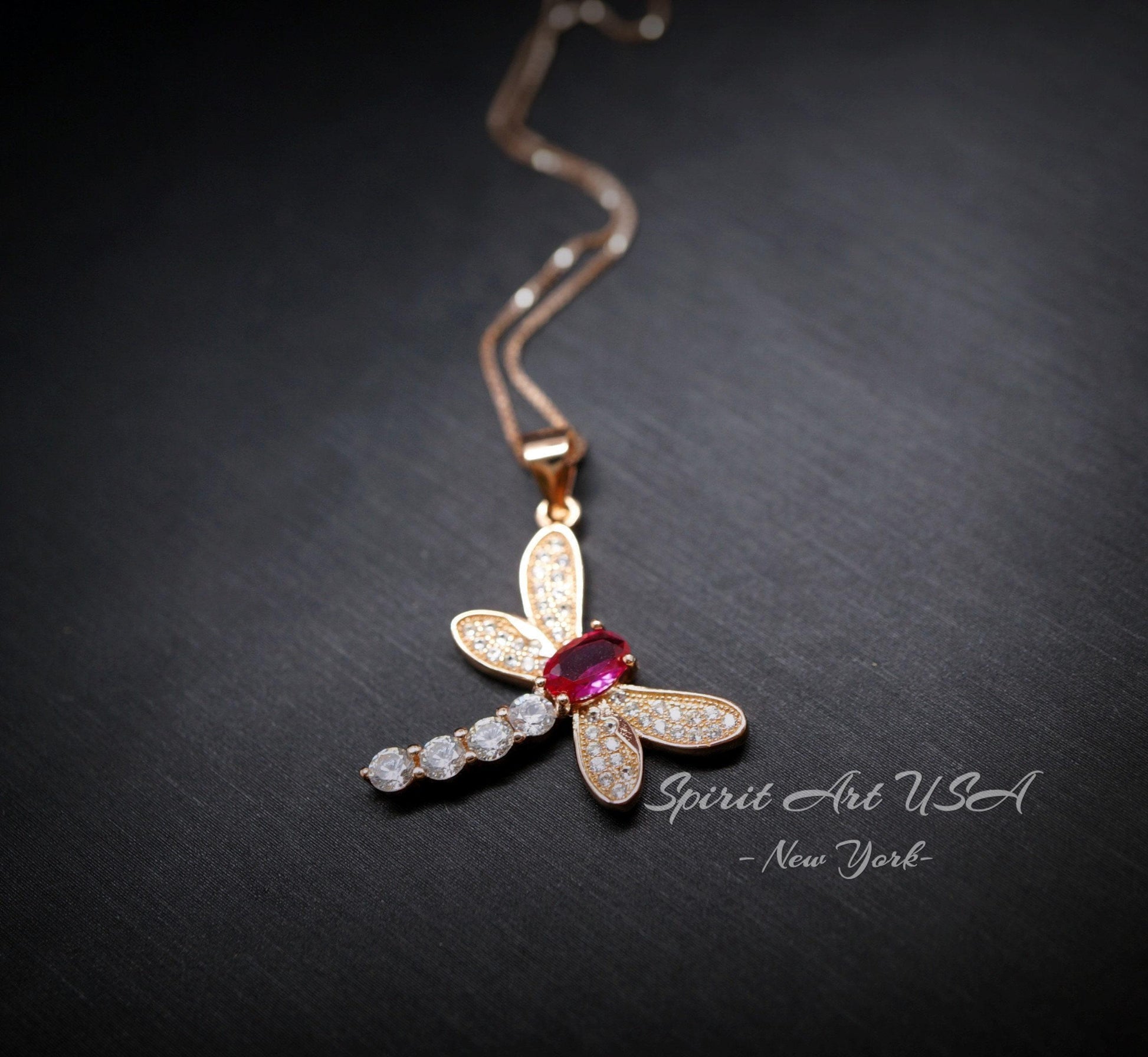 Dragonfly Ruby Necklace - Rose Gold Coated 925 Sterling Silver - July Birthstone oval cut red ruby 16" ~20" Adjustable Chain #337