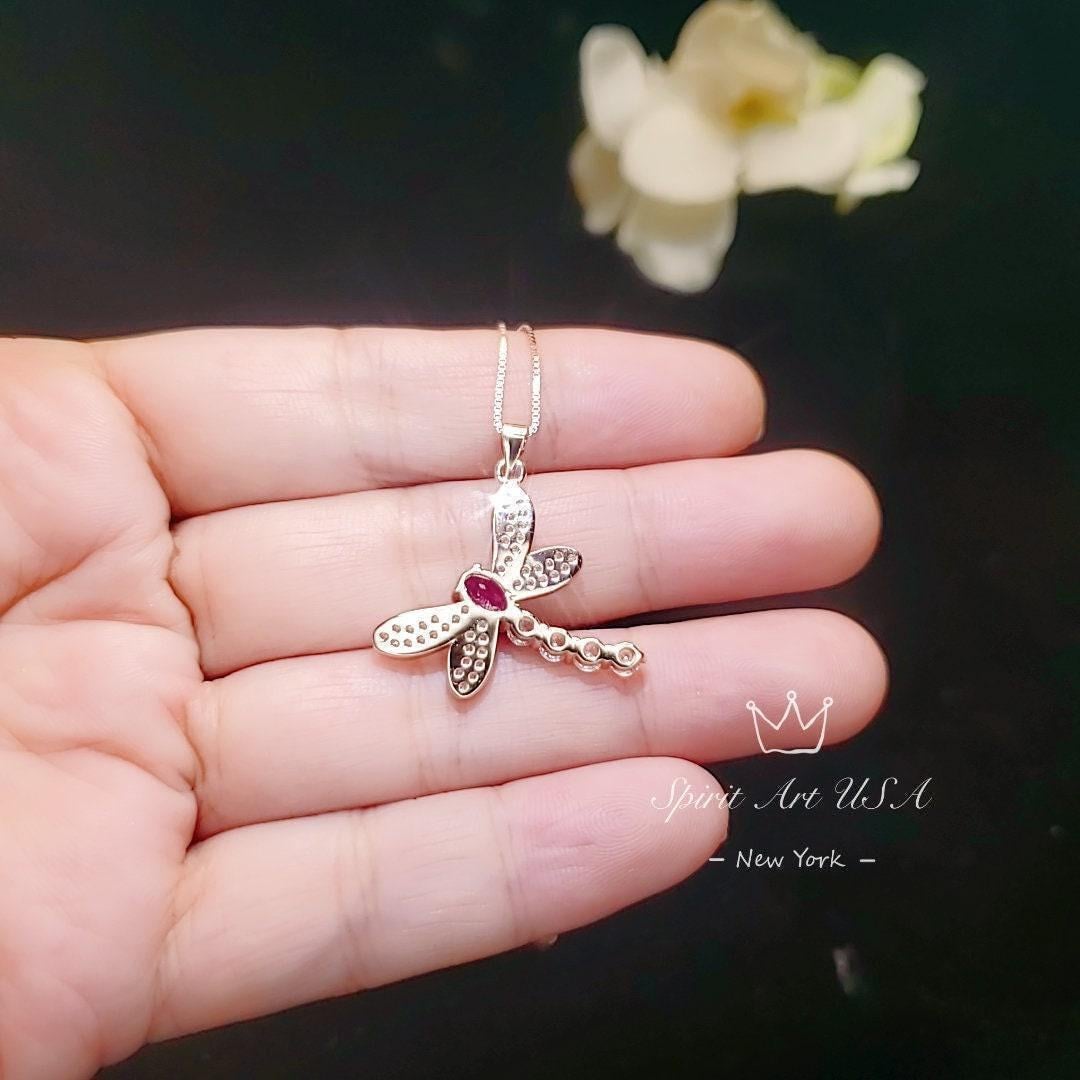 Dragonfly Ruby Necklace - Rose Gold Coated 925 Sterling Silver - July Birthstone oval cut red ruby 16" ~20" Adjustable Chain #337