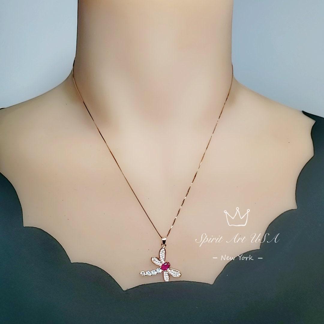 Dragonfly Ruby Necklace - Rose Gold Coated 925 Sterling Silver - July Birthstone oval cut red ruby 16" ~20" Adjustable Chain #337