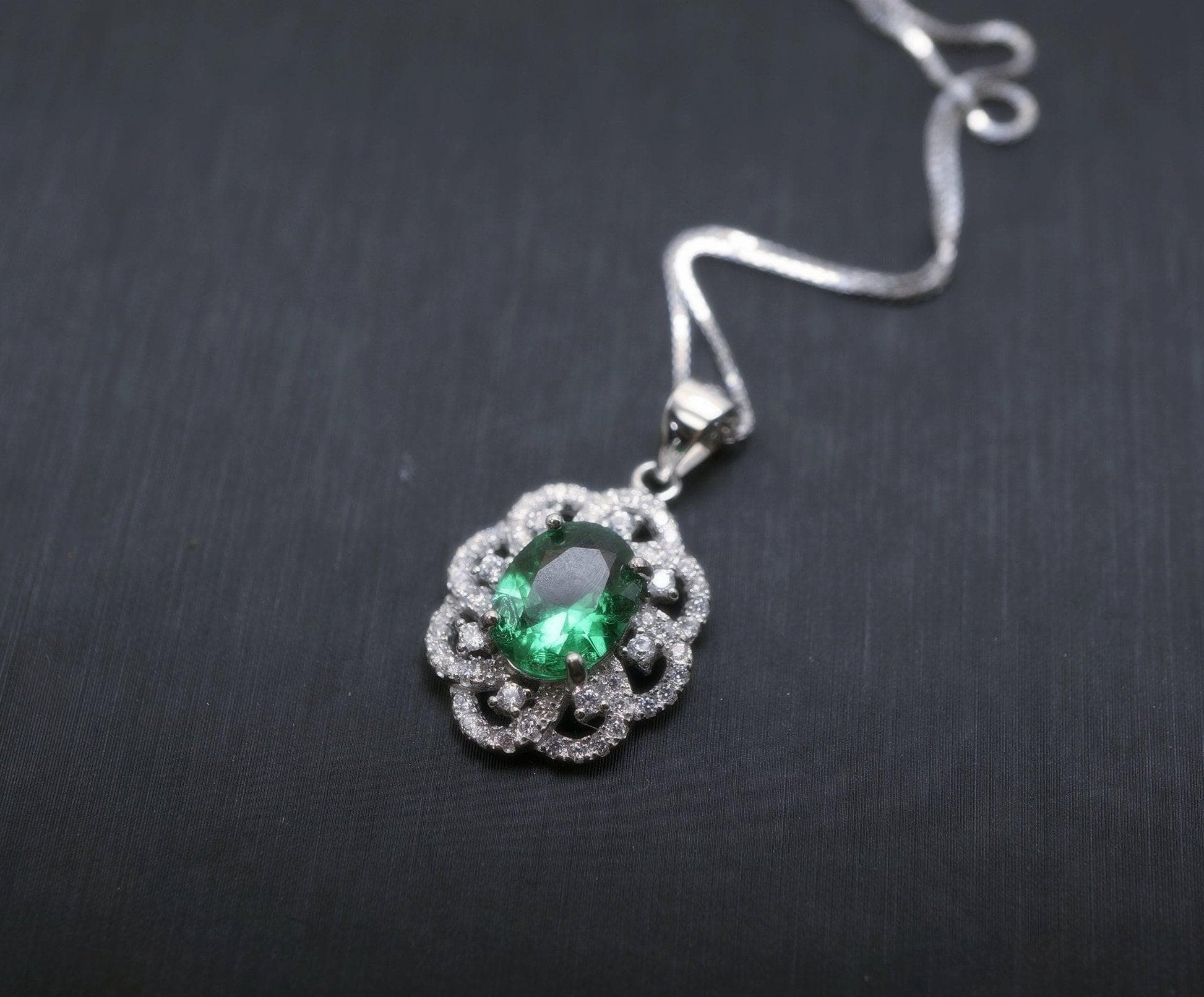 Emerald Necklace - 925 Sterling Silver Flower Green Emerald Pendant - Sim Gemstone Pendant - May Birthstone #240