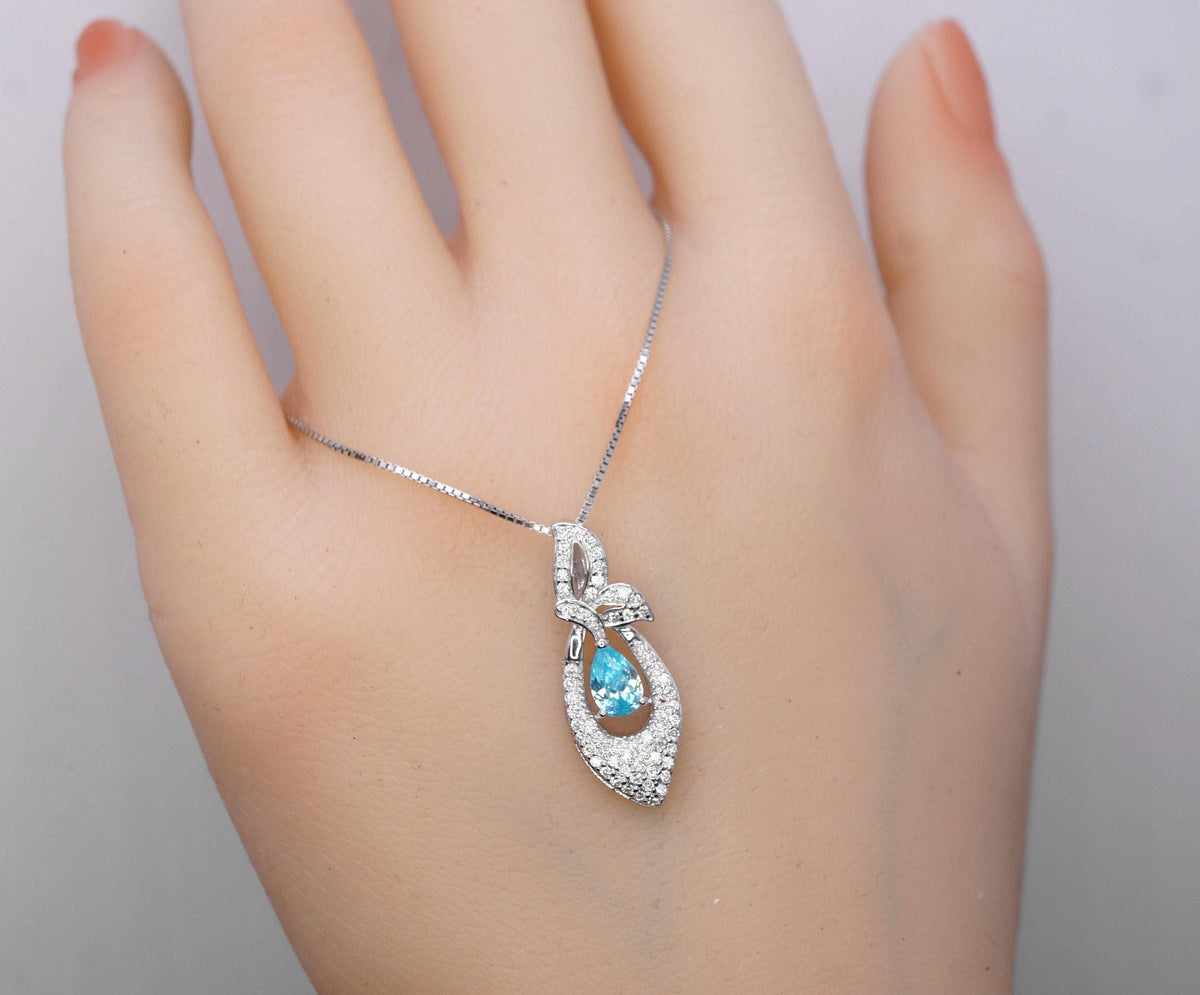 Tiny Teardrop Aquamarine Necklace, Gemstone Petal Leaf Butterfly Pendant, 18KGP @ Sterling Silver - Blue Aquamarine Jewelry #384