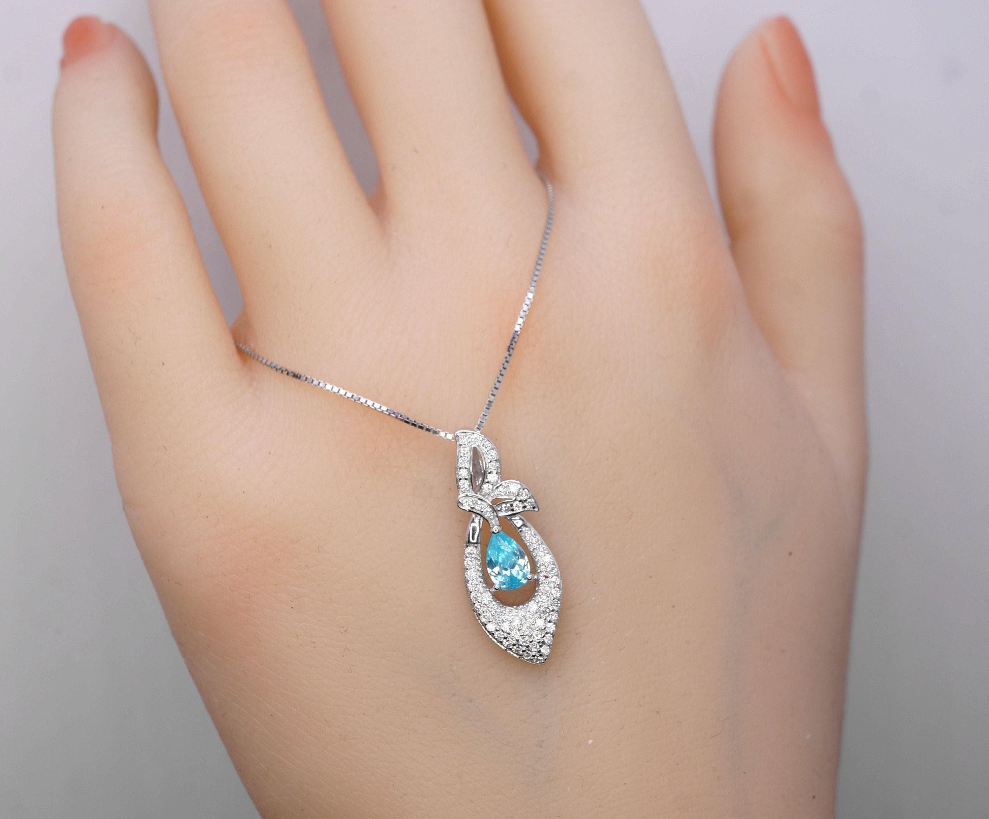 Tiny Teardrop Aquamarine Necklace, Gemstone Petal Leaf Butterfly Pendant, 18KGP @ Sterling Silver - Blue Aquamarine Jewelry #384