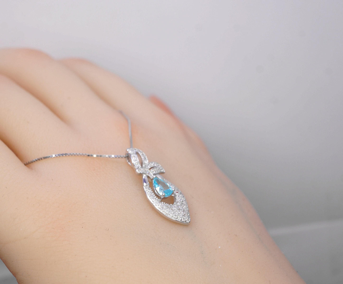 Tiny Teardrop Aquamarine Necklace, Gemstone Petal Leaf Butterfly Pendant, 18KGP @ Sterling Silver - Blue Aquamarine Jewelry #384