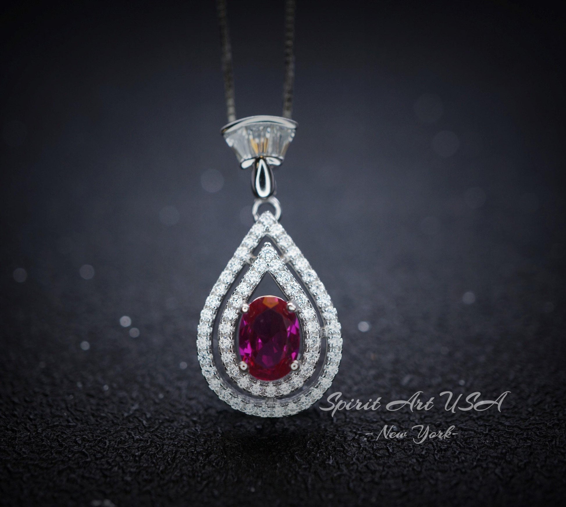 Ruby Necklace - Dainty Teardrop 925 Sterling Silver Ruby Jewelry - Tiny Halo Double Gemstone circle Red Gemstone Pendant #250