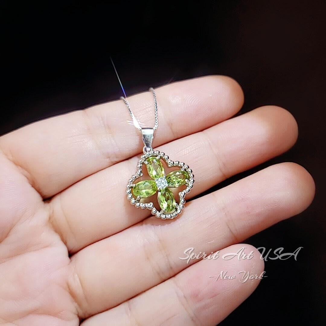 Genuine Green Peridot Necklace, 925 Sterling Silver Four Leaf Clover Pendant, Natural Peridot Pendant August Birthstone Leaf Jewelry #233