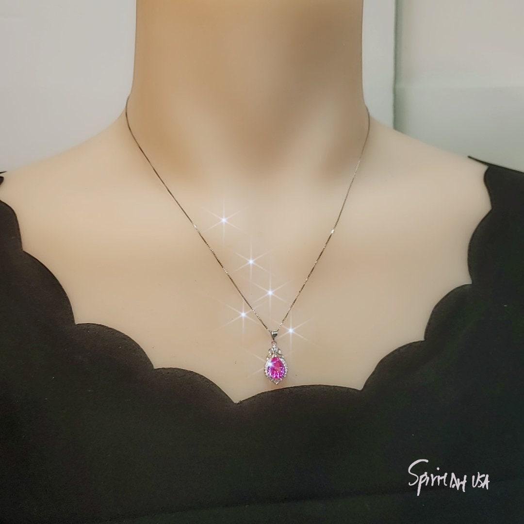 Teardrop Pink Tourmaline Necklace, Gemstone Halo Pink Gemstone Pendant, Sterling Silver White gold Solitaire Fuchsia Gemstone Jewelry #196
