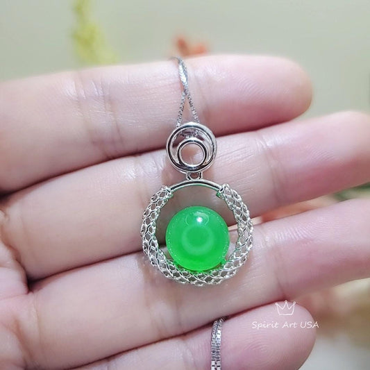 10mm Green Jade Necklace Diamond Triple Circle Green Jade Pendant White Gold Plated Sterling Silver 1051