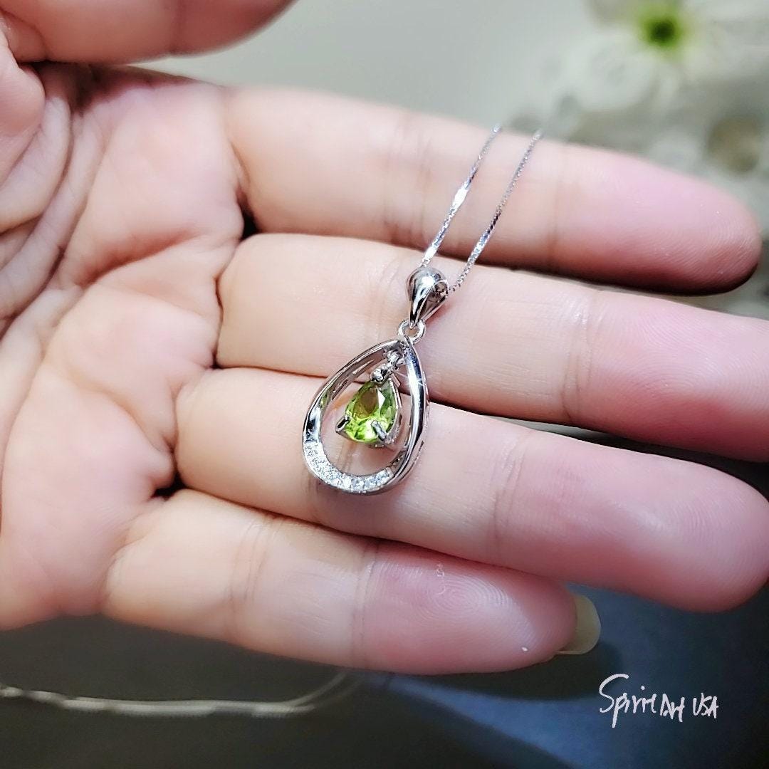 Natural Peridot Necklace, Sterling Silver Genuine Teardrop Green Peridot Pendant, 925 Silver Box Chain Dangle Peridot Jewelry 1036