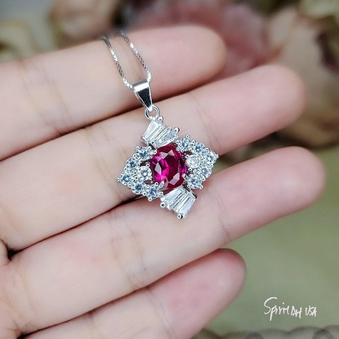Diamond Style Red Ruby Necklace White Gold Plated Sterling Silver 1.7 CT Red Gemstone Pendant July Birthstone 1035