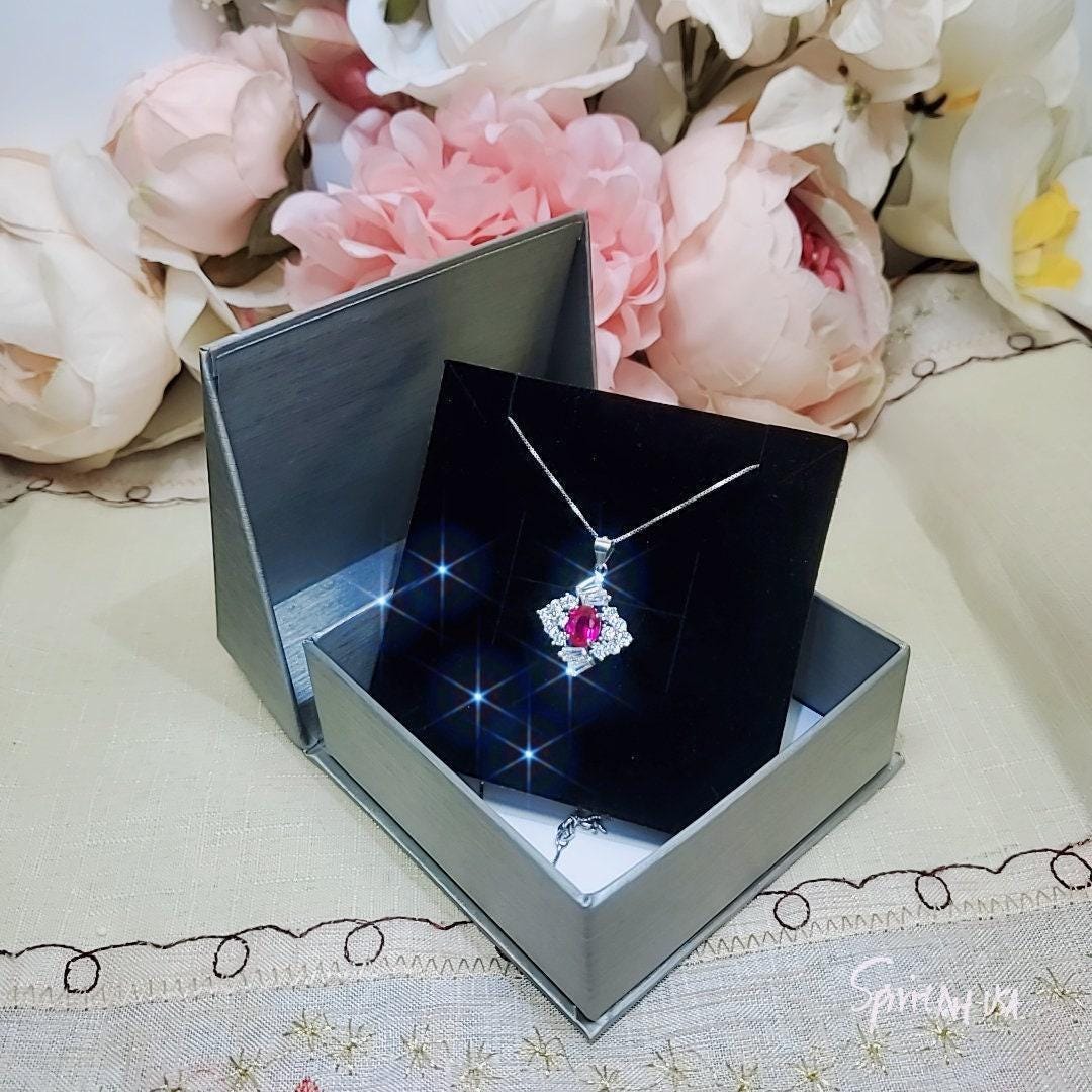 Diamond Style Red Ruby Necklace White Gold Plated Sterling Silver 1.7 CT Red Gemstone Pendant July Birthstone 1035