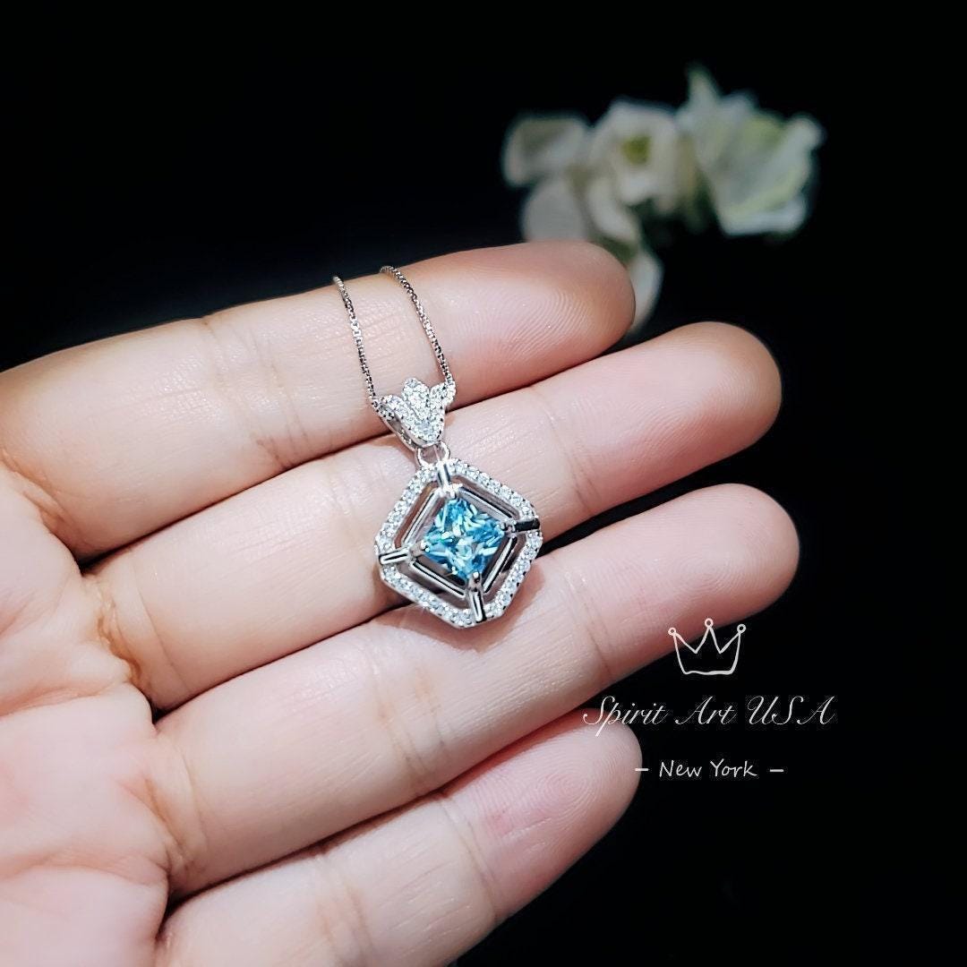 Gemstone Crown Square Aquamarine Necklace - 18kgp @ Sterling Silver - Halo 0.9 CT Blue Aquamarine Pendant - March Birthstone #258