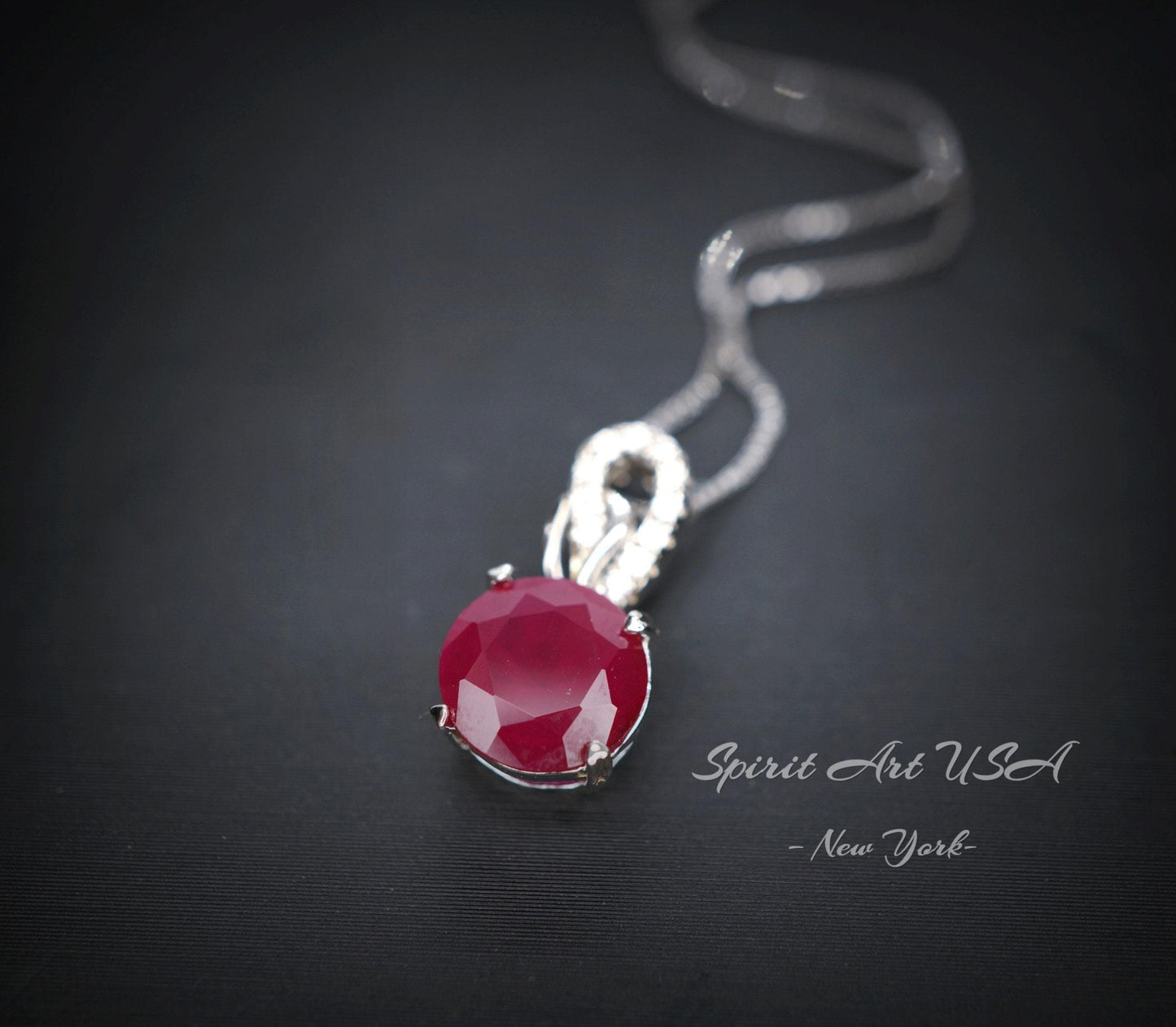 Solitaire Red Ruby Necklace - 18KGP Sterling Silver Simple 1.5 Ct Sim Diamond Red Ruby Pendant - July Birthstone White Gold coated 1023