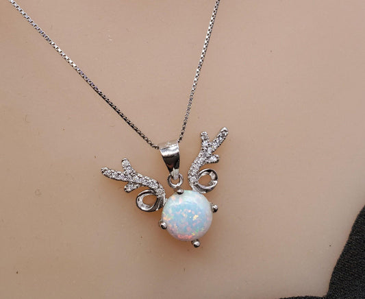 White Opal Necklace - Sterling Silver Diamond Deer Horn Antler Pendant 1099