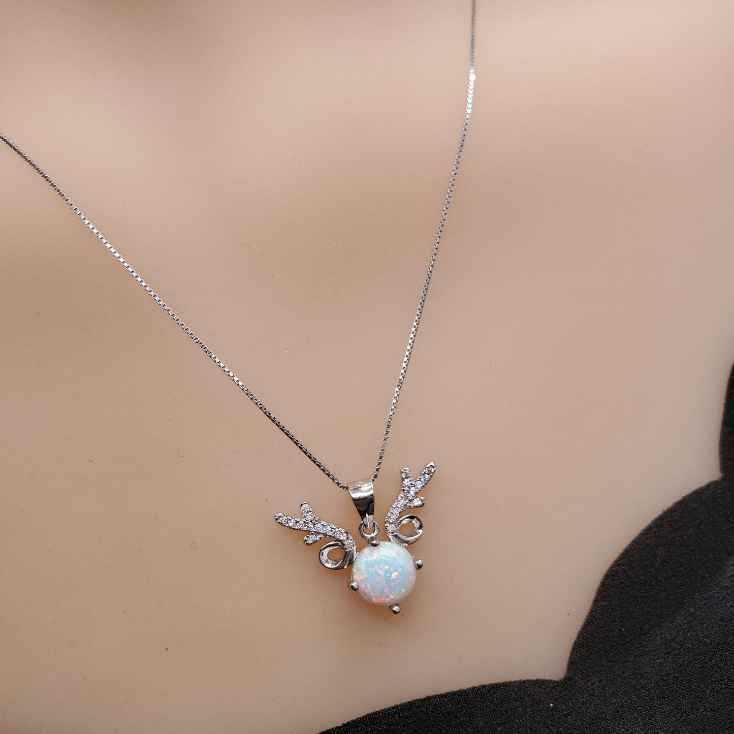 White Opal Necklace - Sterling Silver Diamond Deer Horn Antler Pendant 1099
