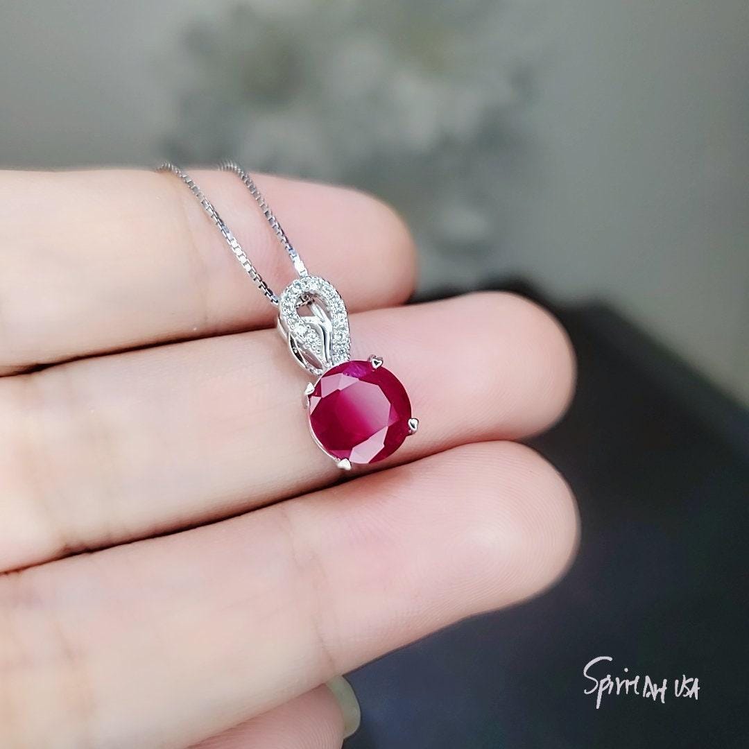 Solitaire Red Ruby Necklace - 18KGP Sterling Silver Simple 1.5 Ct Sim Diamond Red Ruby Pendant - July Birthstone White Gold coated 1023