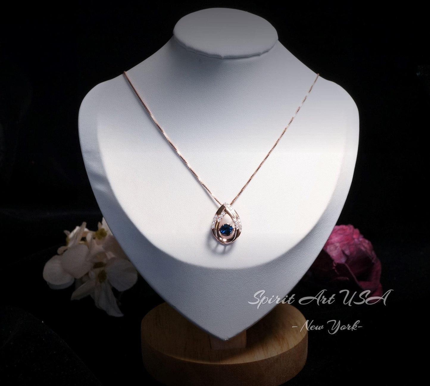 Swing Blue Sapphire Necklace - Rose Gold coated Dynamic 0.85 Ct Blue Sapphire Pendant - dynamic Sterling Silver - September Birthstone #176