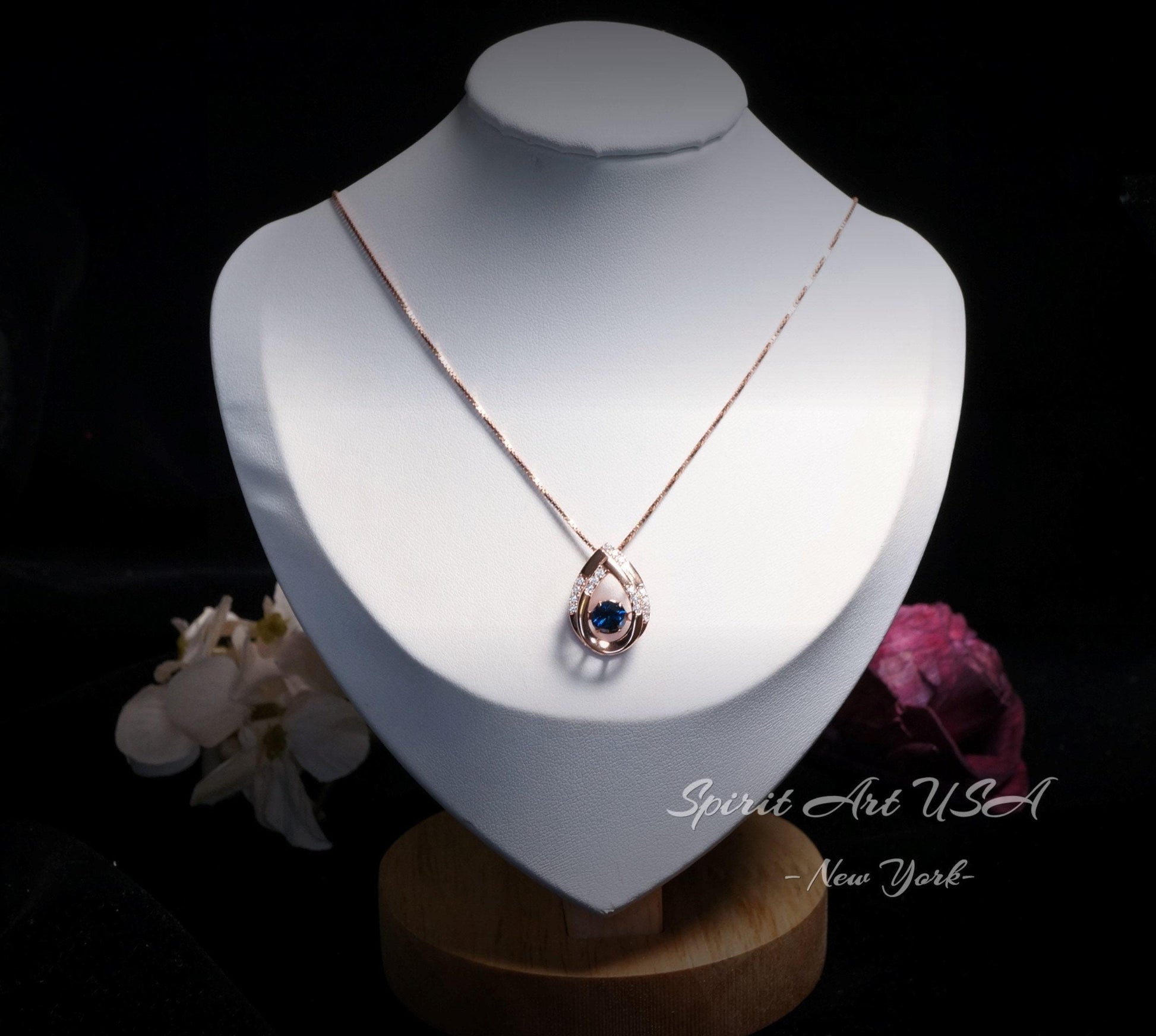 Swing Blue Sapphire Necklace - Rose Gold coated Dynamic 0.85 Ct Blue Sapphire Pendant - dynamic Sterling Silver - September Birthstone #176