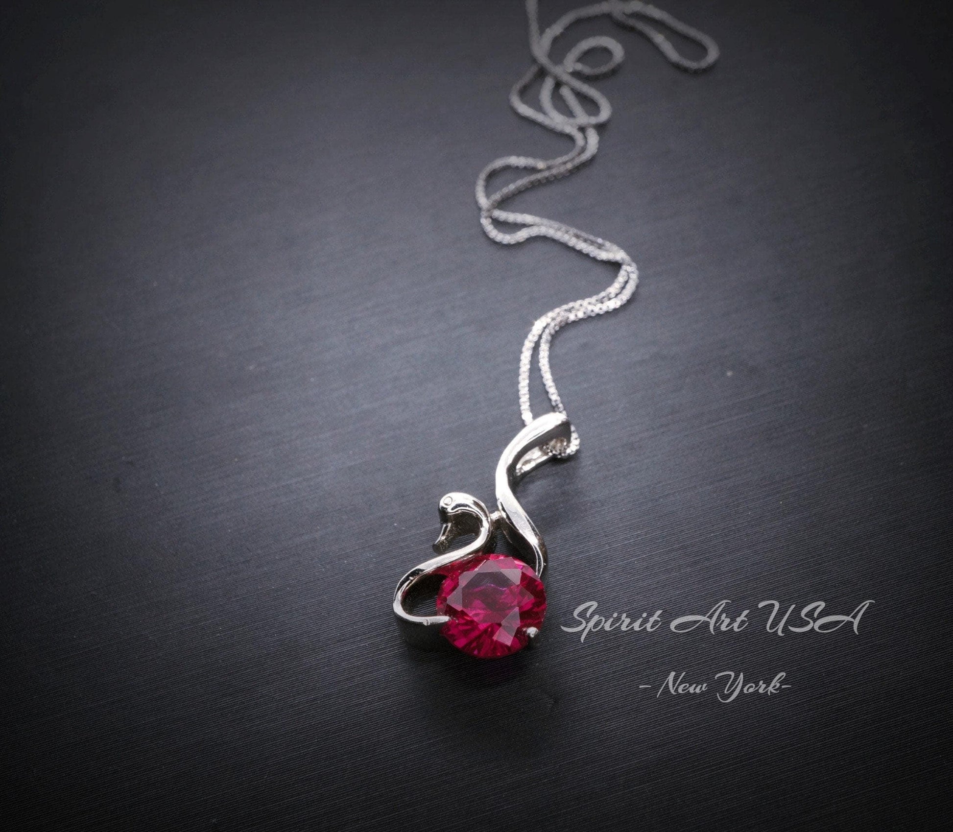 Swan Ruby Necklace Sterling Silver 18KGP Ruby Pendant July Birthstone - Sterling Silver Swan Jewelry - Solitaire Ruby chain #280