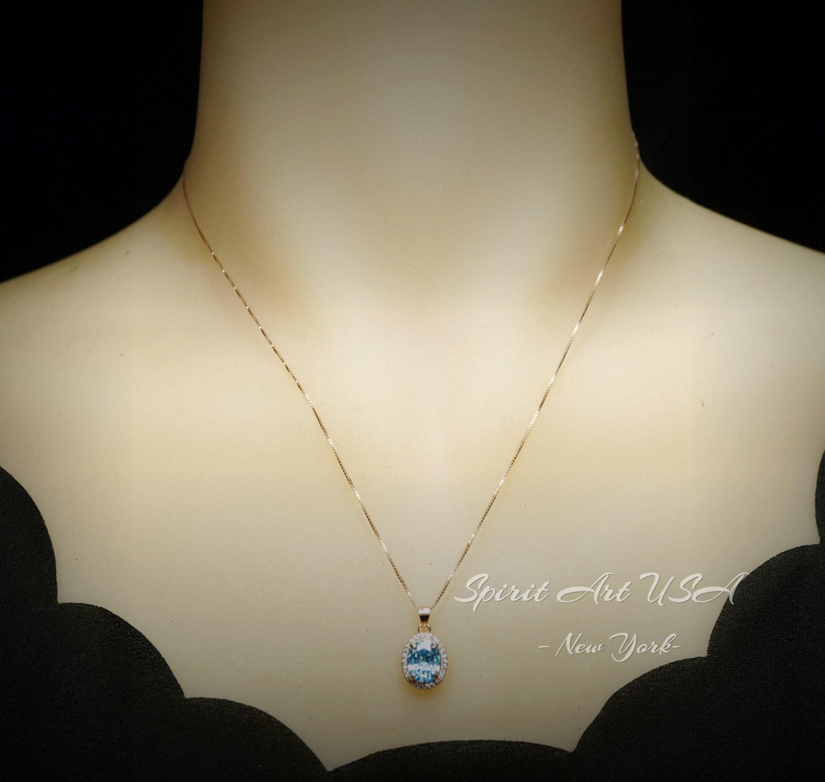 Aquamarine Necklace - Sterling Silver Rose Gold Halo Blue Aquamarine Pendant 18kgp @ Sterling Silver March Birthstone Adjustable Chain #316
