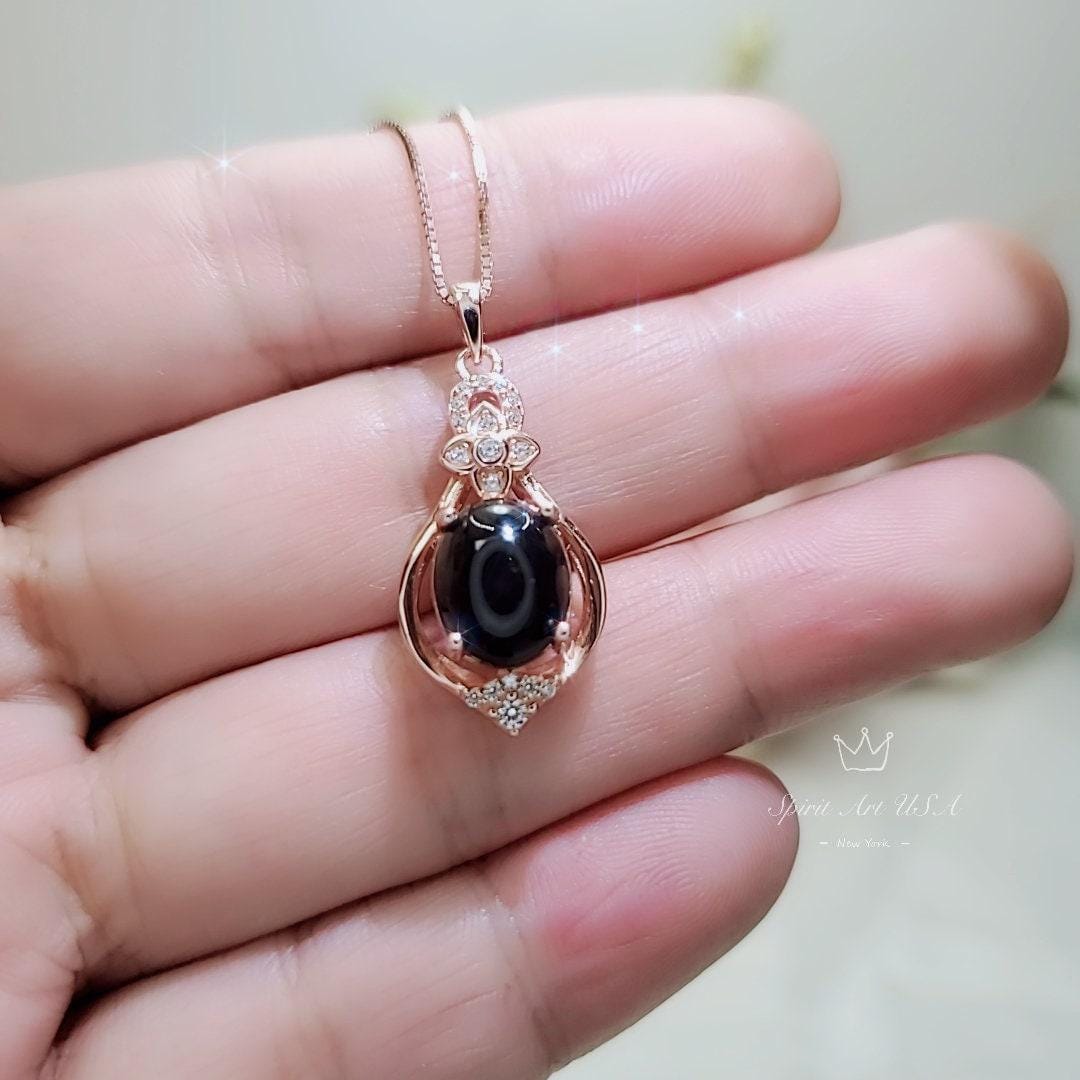 Natural Black Onyx Necklace Rose Gold coated 925 Sterling Silver High Frequency Energy Protective Chakra Heaaling Life Flower Decorate