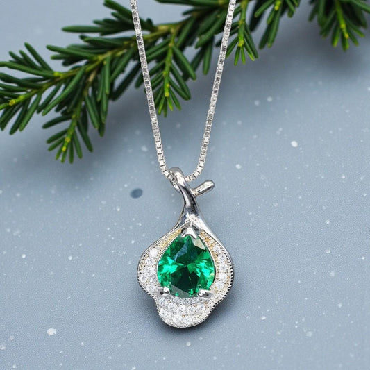 Emerald Necklace, Green Emerald Pendant, Teardrop Gemstone Necklace in White Gold Over Silver, May Birthstone Gift, Chain #1141