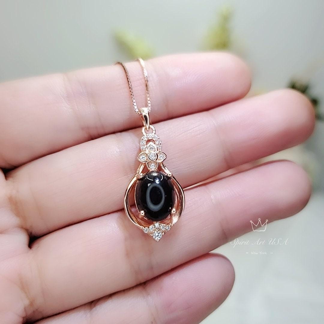 Natural Black Onyx Necklace Rose Gold coated 925 Sterling Silver High Frequency Energy Protective Chakra Heaaling Life Flower Decorate