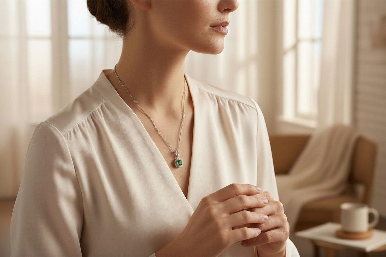 Green Diopside Emerald Necklace Rose Flower Style - 18kgp Sterling Silver - Dainty Round Cut Gemstone Halo Diopside Pendant #398