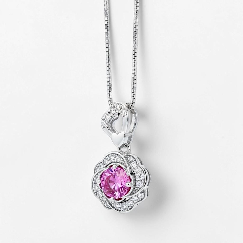 Pink Tourmaline Necklace - 18KGP @ Sterling Silver - Rose Flower Necklace - Pink Tourmaline Pendant #402