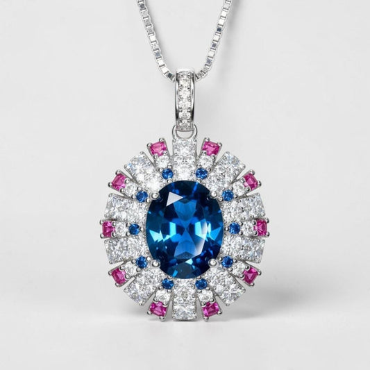 Blue Sapphire Necklace Source Light Style 18KGP @ Sterling Silver - 3 CT Blue Sapphire Pendant - Radiant Blue Sapphire Jewelry #898